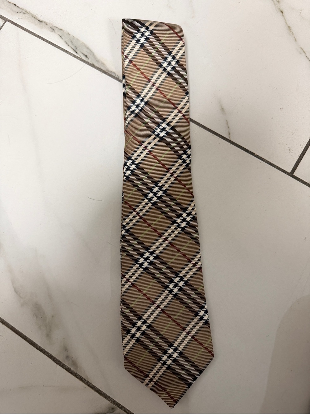 Burberry Beige Plaid Silk Tie with Black, White and Red Accents
